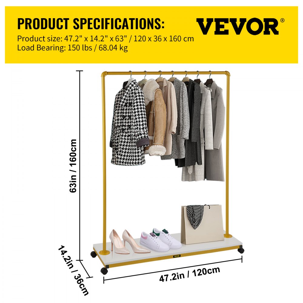 VEVOR Perchero para ropa, 47.2 x 14.2 x 63.0 pulgadas, perchero resistente con estante inferior, 4 ruedas giratorias, marco de acero resistente, organizador de ropa con ruedas para lavandería, tienda minorista, boutique, dorado