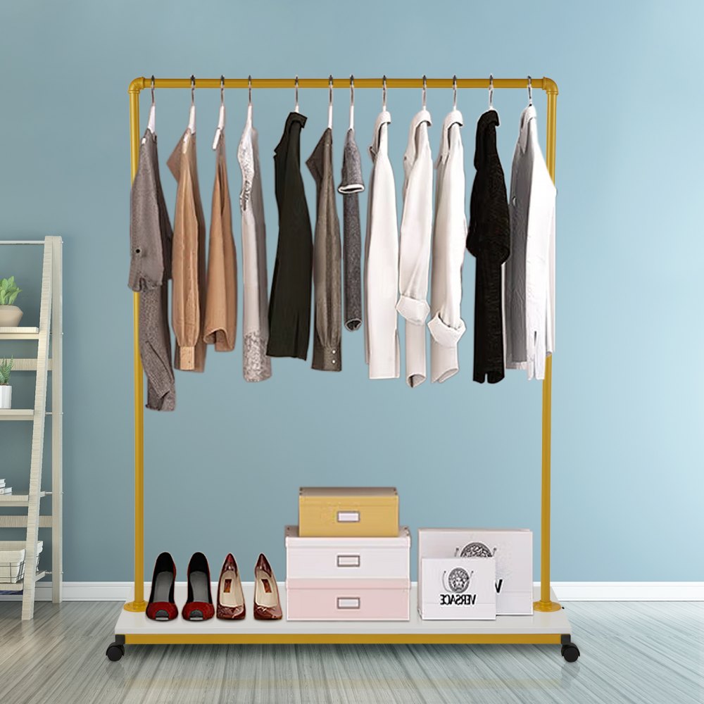 VEVOR Perchero para ropa, 47.2 x 14.2 x 63.0 pulgadas, perchero resistente con estante inferior, 4 ruedas giratorias, marco de acero resistente, organizador de ropa con ruedas para lavandería, tienda minorista, boutique, dorado