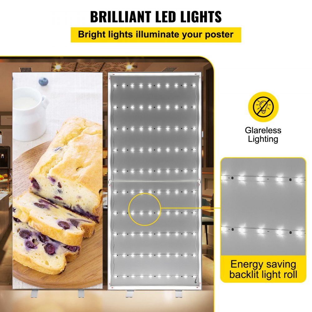 VEVOR Marco de póster LED, letrero grande para acera de 34" x 80", caja de luz LED con retroiluminación con marco de aluminio y base estable, marco de fotos iluminado para exhibición de carteles publicitarios