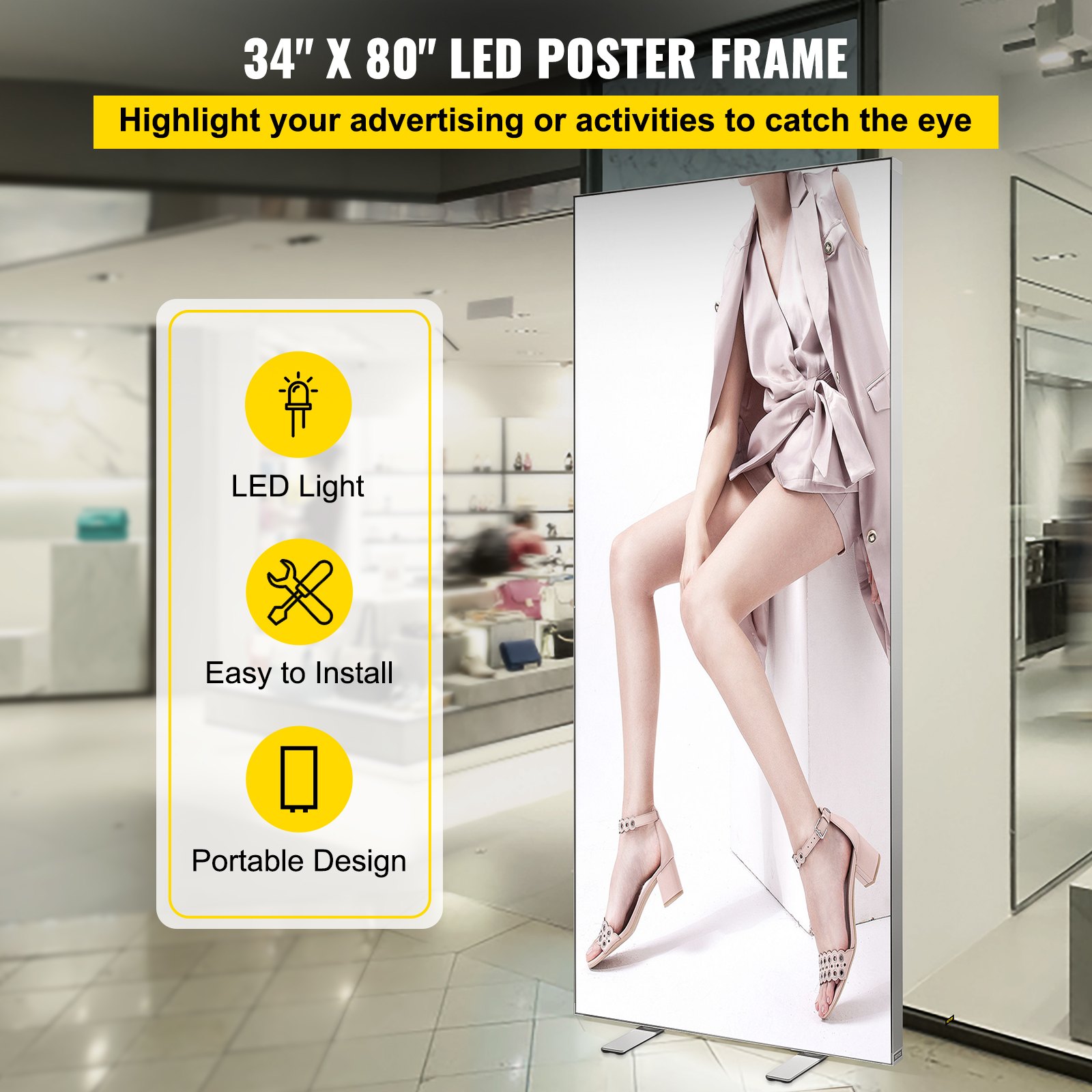 VEVOR Marco de póster LED, letrero grande para acera de 34" x 80", caja de luz LED con retroiluminación con marco de aluminio y base estable, marco de fotos iluminado para exhibición de carteles publicitarios