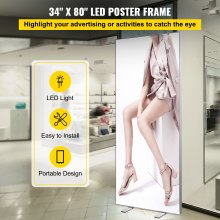 VEVOR LED rám plakátu, 34" x 80" velký chodníkový nápis, podsvícení LED světelný box s hliníkovým rámem a stabilní základnou, osvětlený fotorámeček pro reklamní displej