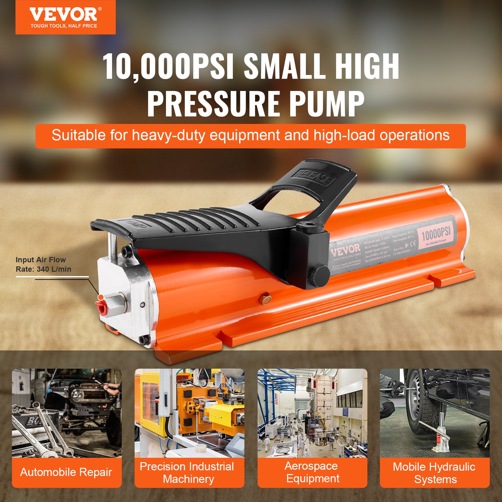 VEVOR 689 bar(10,000PSI) Air Hydraulic Pump, 0.7 L(0.18 Gal) Reservoir, NPT 9.5mm(3/8 In) Oil Outlet, NPT 6.4mm(1/4 In) Inlet, Metal Shell Air Actuated Treadle Foot Pump, for Precision Industrial Machinery & Aerospace Equipment