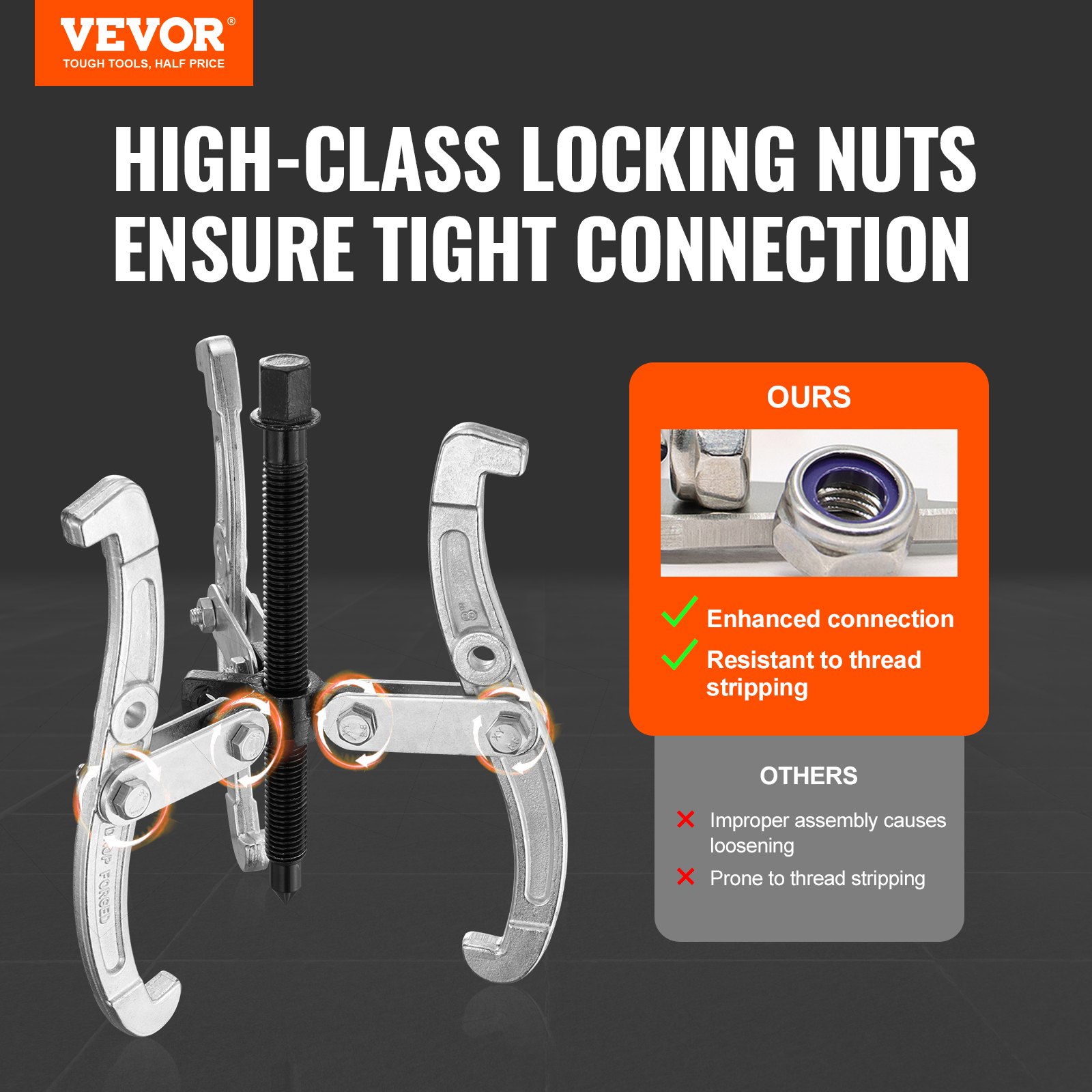 VEVOR Gear Puller Set, 76.2 mm 101.6 mm 152.4 mm 203.2 mm Puller Kit, 3 Jaw Gear Bearing Flywheel Pulley Removal Tool, 2 or 3 Reversible Jaws Wheel Puller, Vertically and Horizontally, External and Internal, 4-Piece
