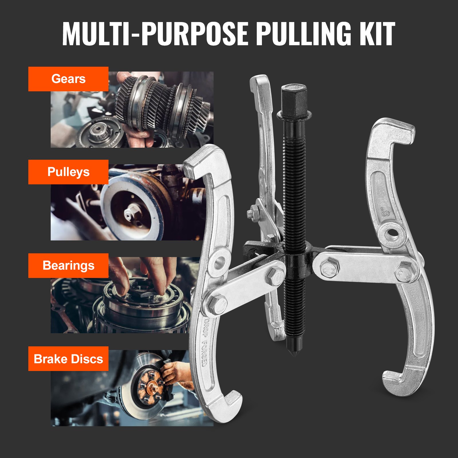 VEVOR Gear Puller Set, 76.2 mm 101.6 mm 152.4 mm 203.2 mm Puller Kit, 3 Jaw Gear Bearing Flywheel Pulley Removal Tool, 2 or 3 Reversible Jaws Wheel Puller, Vertically and Horizontally, External and Internal, 4-Piece