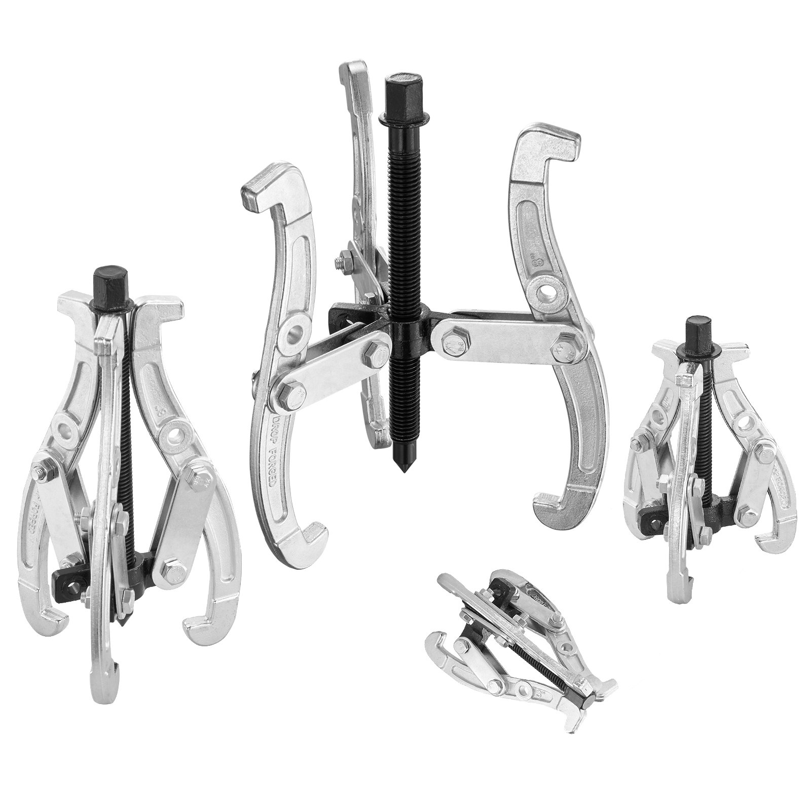 VEVOR Gear Puller Set, 76.2 mm 101.6 mm 152.4 mm 203.2 mm Puller Kit, 3 Jaw Gear Bearing Flywheel Pulley Removal Tool, 2 or 3 Reversible Jaws Wheel Puller, Vertically and Horizontally, External and Internal, 4-Piece