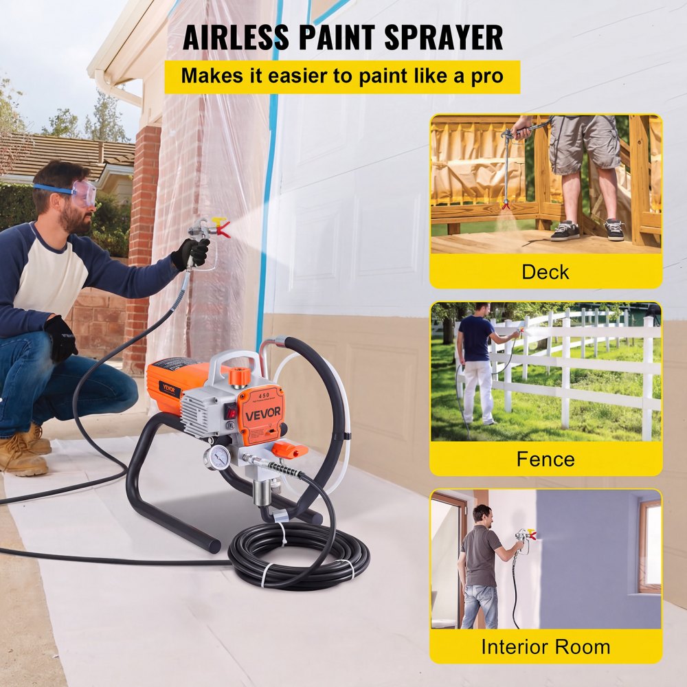 VEVOR Stand Airless Paint Sprayer 1500 W High Pressure Airless Sprayer, for Painting Big Projects Home Exterior, 3000 PSI, Electric Spray Paint Machine with Hose, Extension Rod, Nozzle, Spray Gun