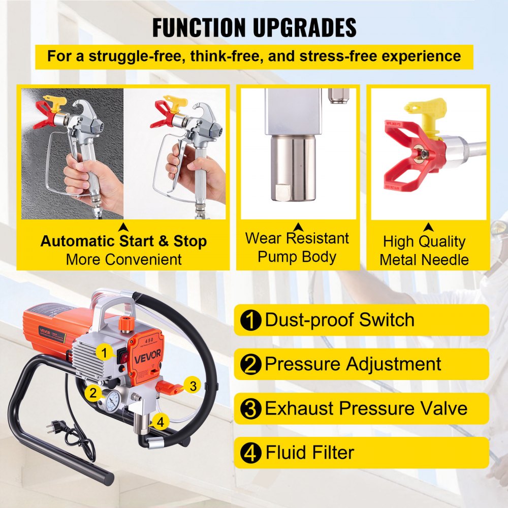 VEVOR Stand Airless Paint Sprayer 1500 W High Pressure Airless Sprayer, for Painting Big Projects Home Exterior, 3000 PSI, Electric Spray Paint Machine with Hose, Extension Rod, Nozzle, Spray Gun
