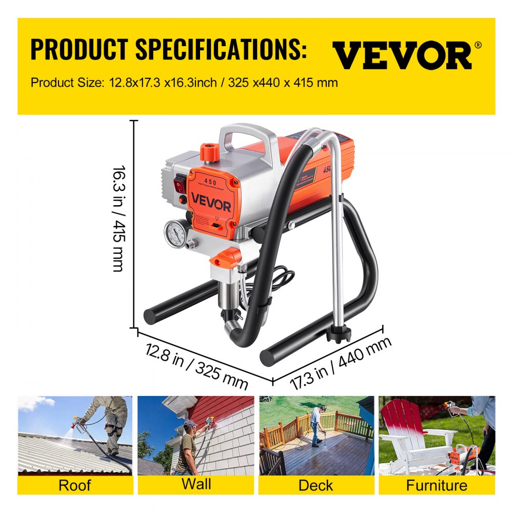 VEVOR Stand Airless Paint Sprayer 1500 W High Pressure Airless Sprayer, for Painting Big Projects Home Exterior, 3000 PSI, Electric Spray Paint Machine with Hose, Extension Rod, Nozzle, Spray Gun