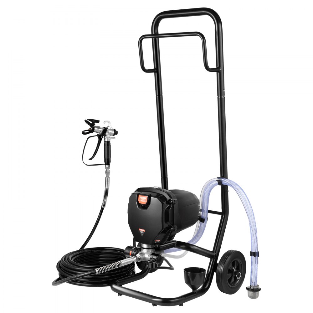 VEVOR airless paint sprayer with hose and spray gun on a portable black frame.