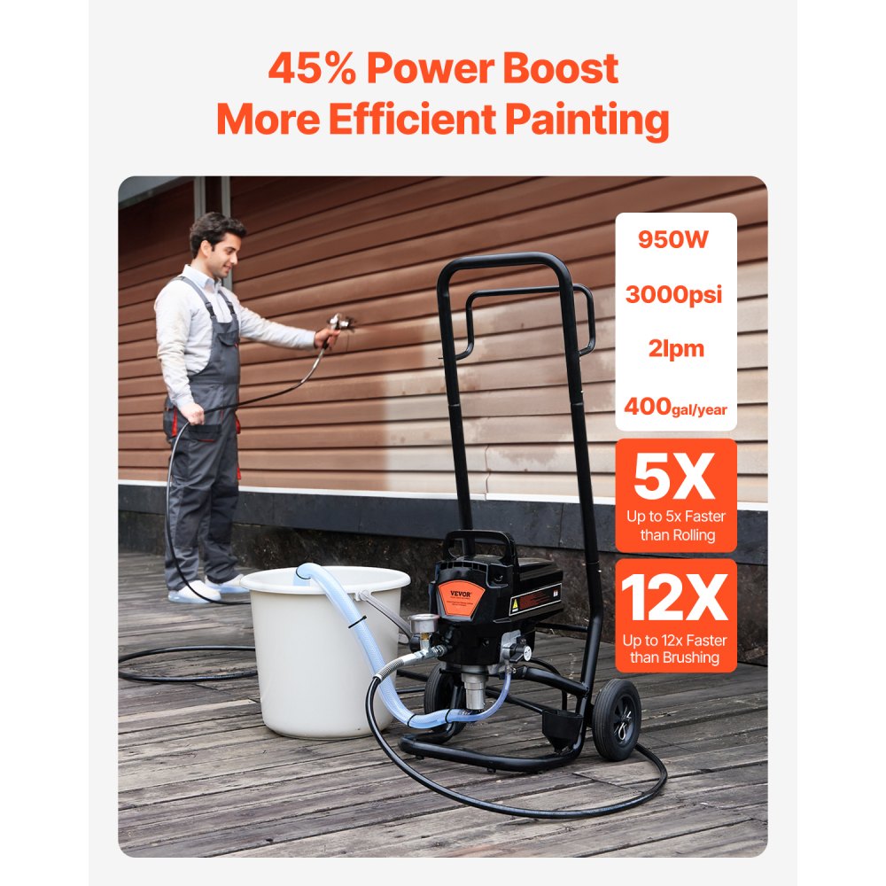 VEVOR Stand Airless Paint Sprayer, 950W 3000PSI High Efficiency Electric Airless Sprayer With Cart, Paint Sprayers for Home Interior and Exterior Furniture and Fences, Fine And Even Painting Effect
