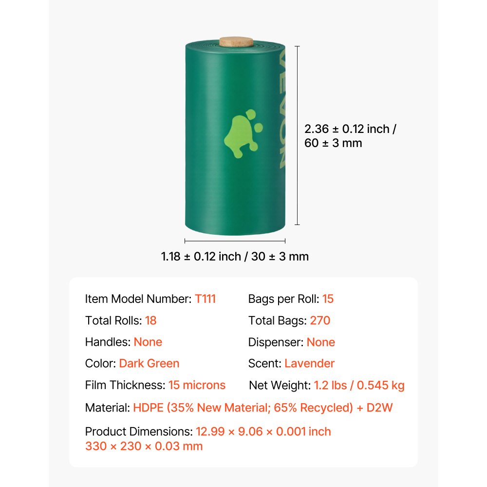 VEVOR Dog Poop Bags, 270 Counts 13 x 9 in, Sturdy & Thick Pet Waste Bags, Biodegradable HDPE Waste Bag Refill Rolls, Lavender Scented, Leak-Proof Trash Bag for Doggie Cat Pet, Dispenser Not Included