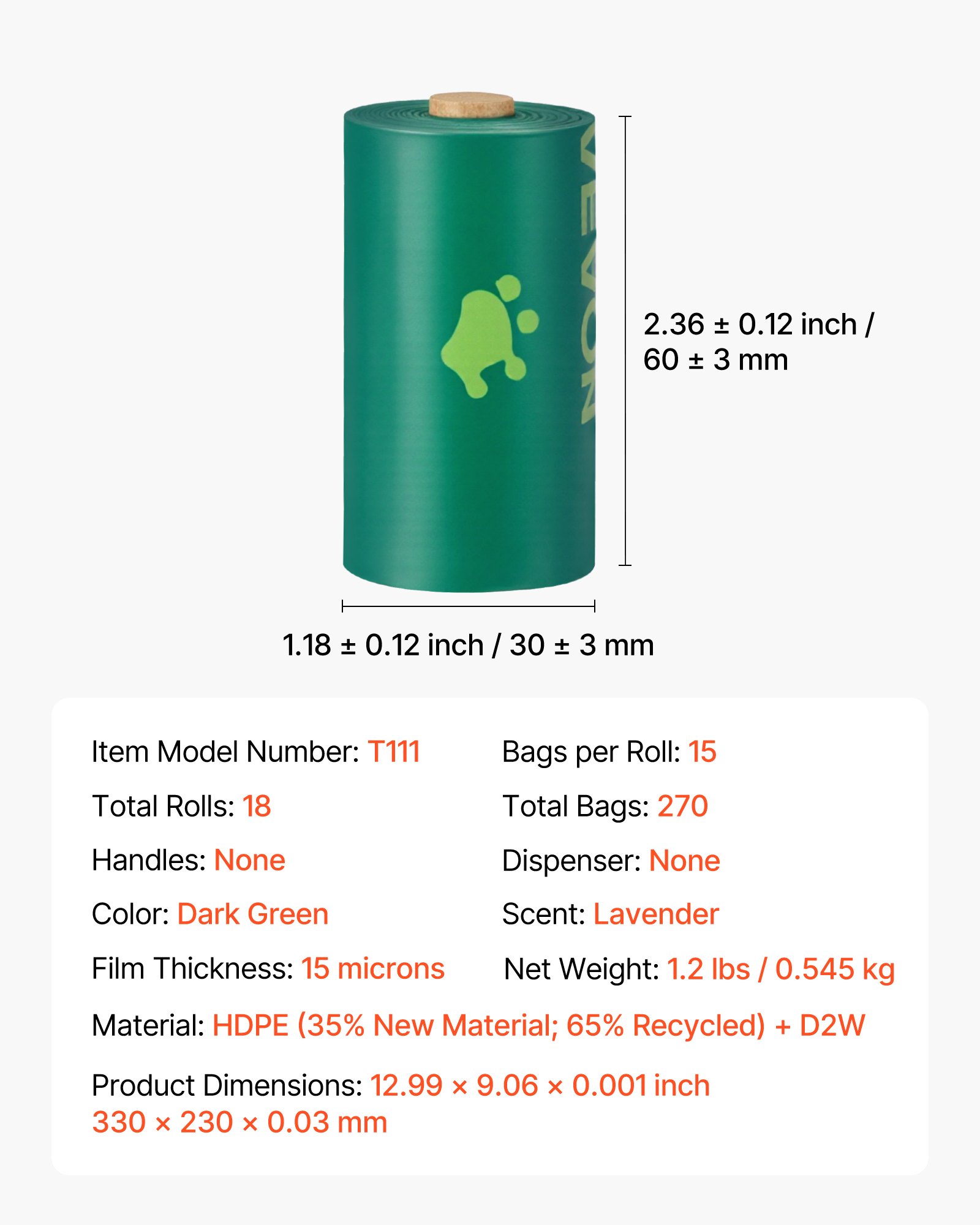 VEVOR Dog Poop Bags, 270 Counts 13 x 9 in, Sturdy & Thick Pet Waste Bags, Biodegradable HDPE Waste Bag Refill Rolls, Lavender Scented, Leak-Proof Trash Bag for Doggie Cat Pet, Dispenser Not Included