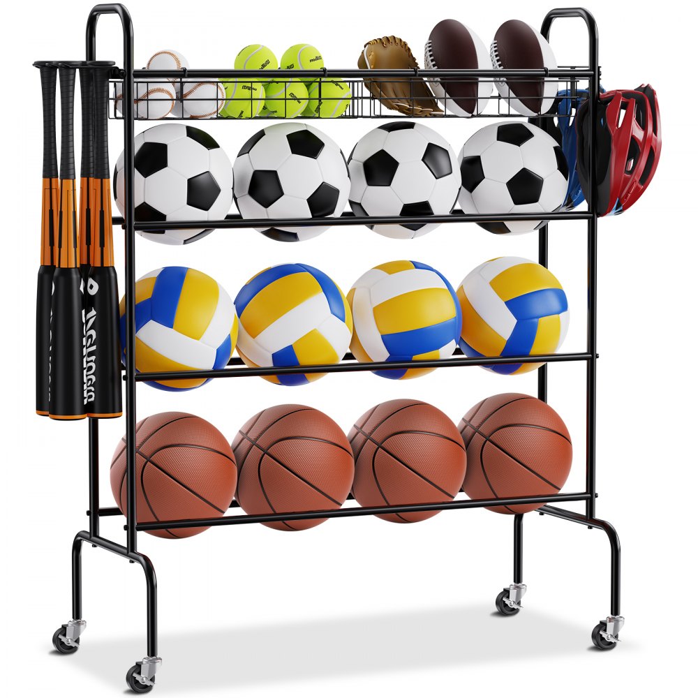 Basketbalový stojan VEVOR, 4vrstvý otočný stojan na basketbalovou střelbu, organizér pro uložení sportovního vybavení s kolečky, háky a košíky, držák na míče v garáži pro fotbalový volejbal