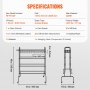 specifications for VEVOR basketball rack with dimensions and included items like casters, screws, and wrenches.