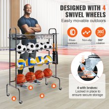 Βάση μπάσκετ VEVOR, 4-στρώσεις Rolling Basketball Shooting Stand, Organizer αποθήκευσης αθλητικού εξοπλισμού με ρόδες, γάντζους και καλάθια, θήκη αποθήκευσης μπάλας γκαράζ για ποδόσφαιρο βόλεϊ