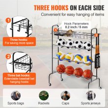 Βάση μπάσκετ VEVOR, 4-στρώσεις Rolling Basketball Shooting Stand, Organizer αποθήκευσης αθλητικού εξοπλισμού με ρόδες, γάντζους και καλάθια, θήκη αποθήκευσης μπάλας γκαράζ για ποδόσφαιρο βόλεϊ