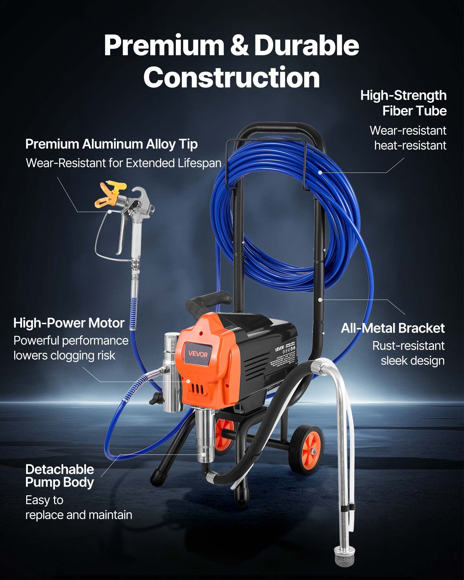 VEVOR Stand Airless Paint Sprayer, 1500W, 3300PSI High Pressure Airless Sprayer with Cart, Cleaning Brush, Hose, Extension Rod, Nozzles, Electric Spray Paint Machine for Large Apartments, Buildings
