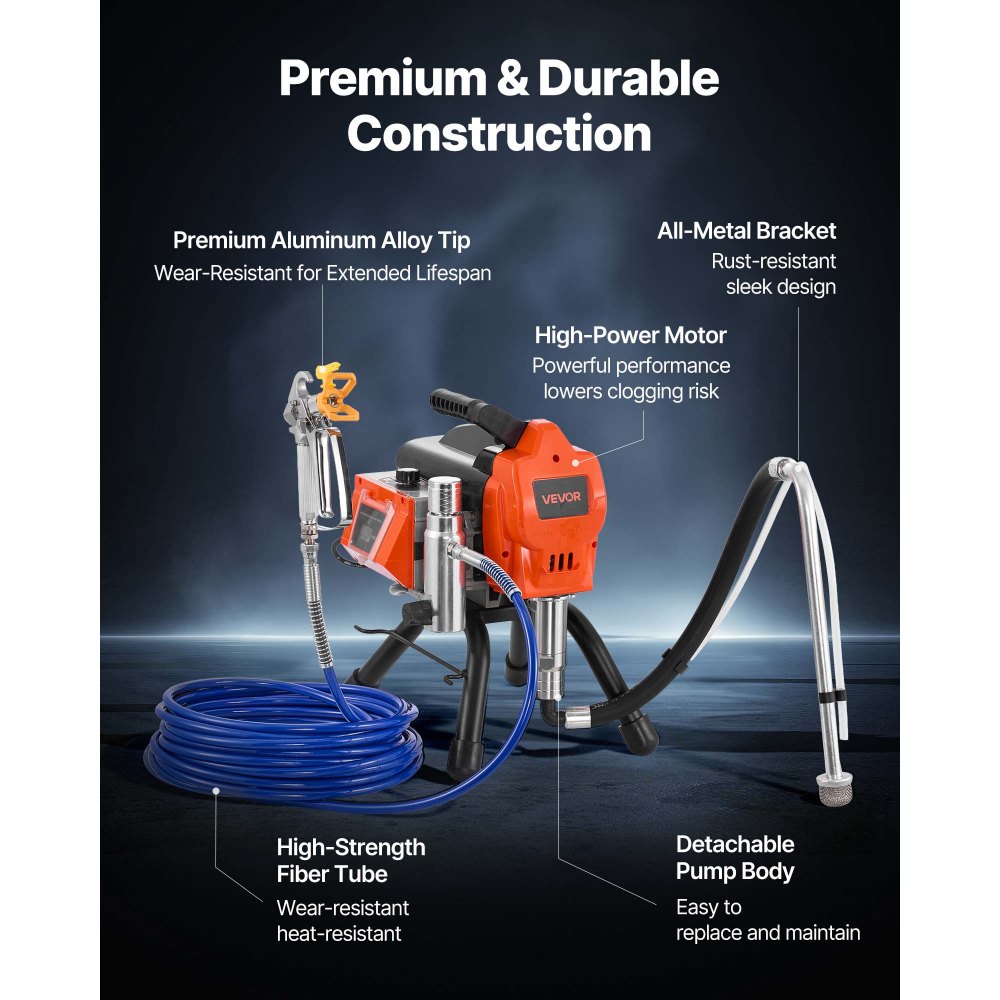 VEVOR Stand Airless Paint Sprayer, 1500W, 3300PSI High Pressure Airless Sprayer, Cleaning Brush, Hose, Extension Rod, Nozzles, Electric Spray Paint Machine for Large Apartments, Factory Buildings