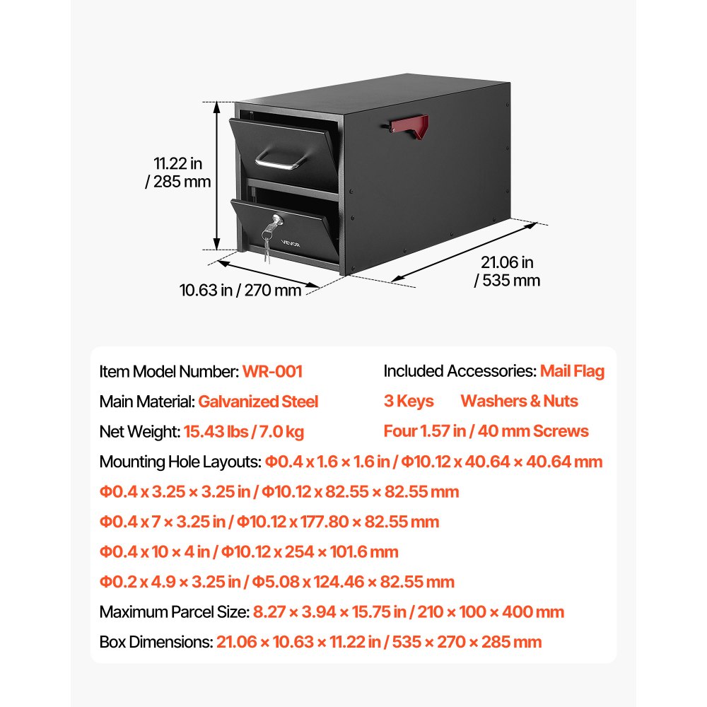 VEVOR Post Mount Mailbox, Anti-Pry & Anti-Theft Mailboxes for Outside, Heavy Duty Lockable Mail Box with Magnetic Door, Weather-Resistant Metal Post Box for House Outside 21.06 x 10.63 x 11.22 in