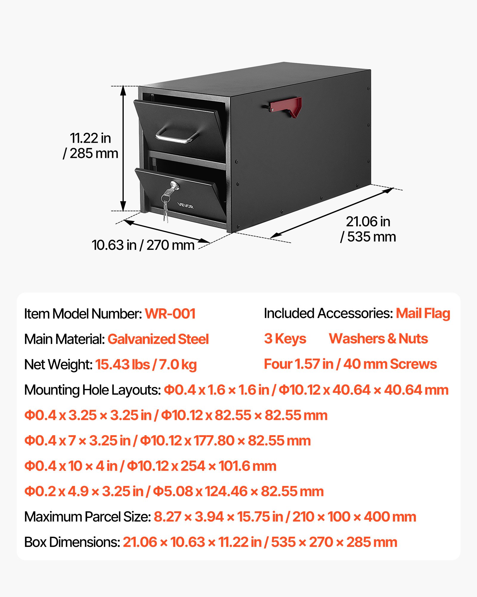 VEVOR Post Mount Mailbox, Anti-Pry & Anti-Theft Mailboxes for Outside, Heavy Duty Lockable Mail Box with Magnetic Door, Weather-Resistant Metal Post Box for House Outside 21.06 x 10.63 x 11.22 in
