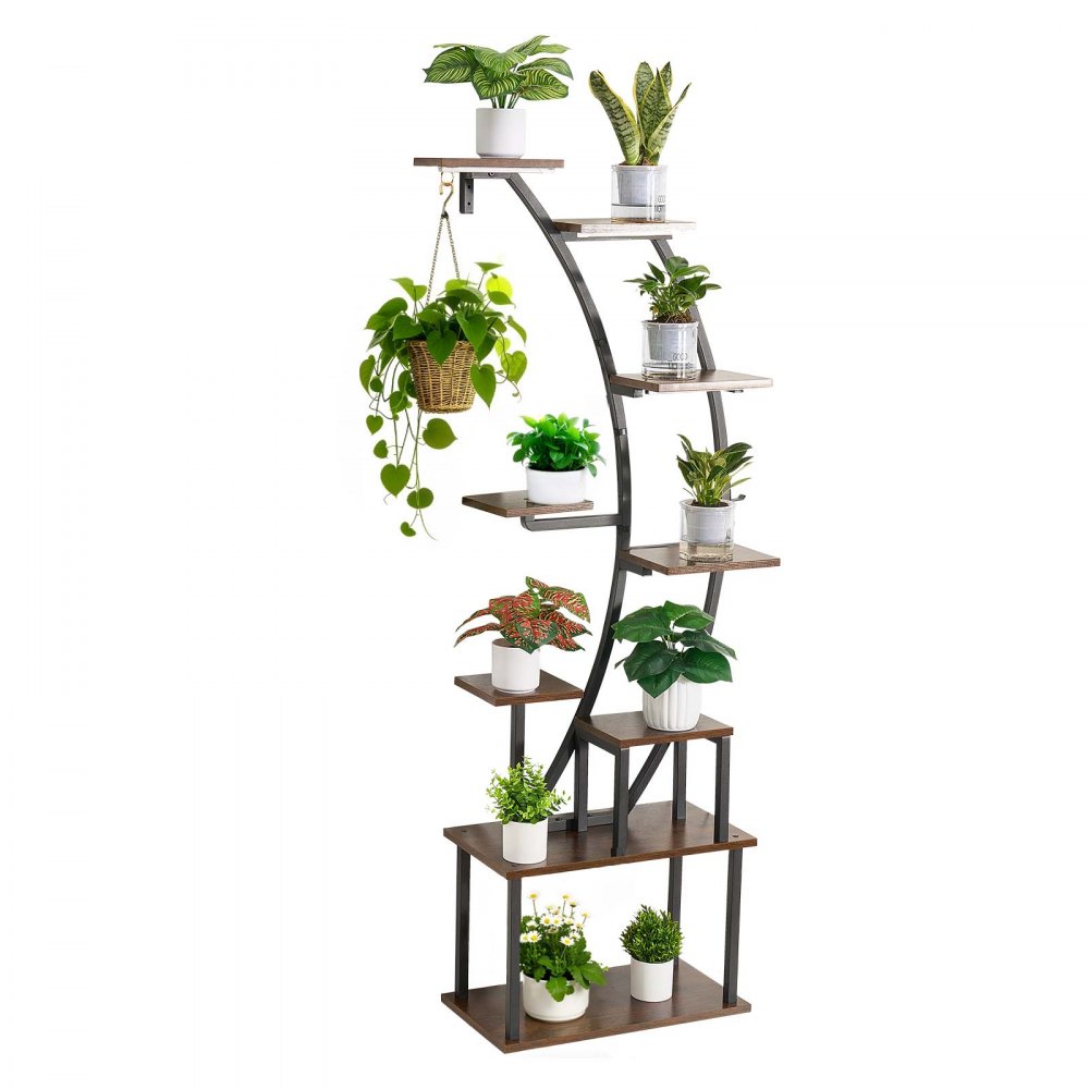 VEVOR Plant Stand Indoor with Grow Lights, 160cm Tall 9-Tier Lighted Plant Shelf, Metal Corner Plants Holder, 3 Timer & 10 Brightness, Curve-Shaped Flower Display Rack for Living Room Balcony Decor