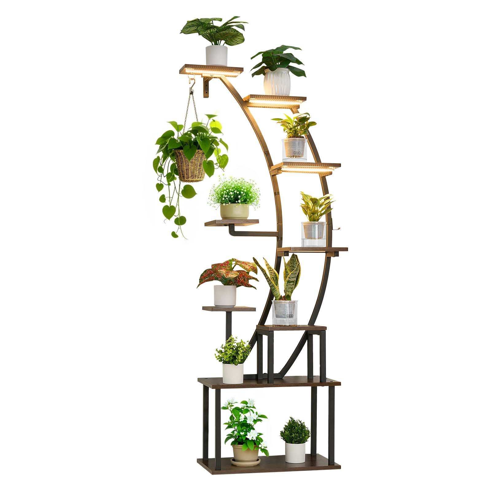 VEVOR Plant Stand Indoor with Grow Lights, 160cm Tall 9-Tier Lighted Plant Shelf, Metal Corner Plants Holder, 3 Timer & 10 Brightness, Curve-Shaped Flower Display Rack for Living Room Balcony Decor
