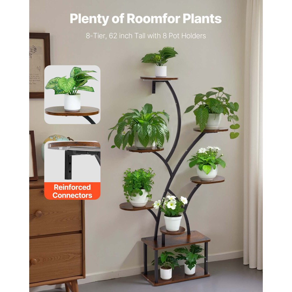 VEVOR Plant Stand Indoor with Grow Lights, 62 in Tall 8-Tier Lighted Plant Shelf, Metal Corner Plants Holder, 3 Timer & 10 Brightness, Tree-Shaped Flower Display Rack for Living Room Balcony Decor