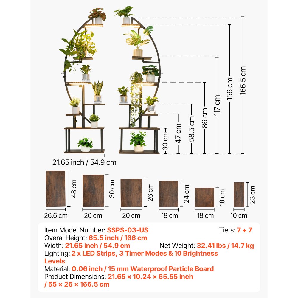 VEVOR Plant Stand Indoor with Grow Lights, 166.5cm Tall 7-Tiered Lighted Plant Shelf, 2 Pack Metal Corner Plants Holder, 3 Timer & 10 Brightness, Half-Moon Shaped Flower Display Rack for Living Room