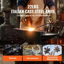 VEVOR Single Horn Anvil, 22Lbs Cast Steel Anvil, High Hardness Rugged Round Horn Anvil Blacksmith, Large Countertop and Stable Base, with Round and Square Hole, Metalsmith Tool for Bending and Shaping