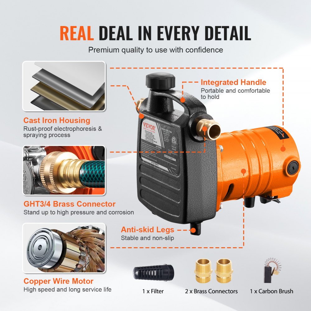 VEVOR Cast Iron Water Transfer Pump, 115V AC 1600 GPH 1/2HP, Portable Electric Utility Pump with Carbon Brush, Filter, Brass Connectors, for Garden, Rain Barrel, Pool, Pond, Hot Tub, Aquarium Draining