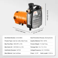 VEVOR Cast Iron Water Transfer Pump, 115V AC 1600 GPH 1/2HP, Portable Electric Utility Pump with Carbon Brush, Filter, Brass Connectors, for Garden, Rain Barrel, Pool, Pond, Hot Tub, Aquarium Draining