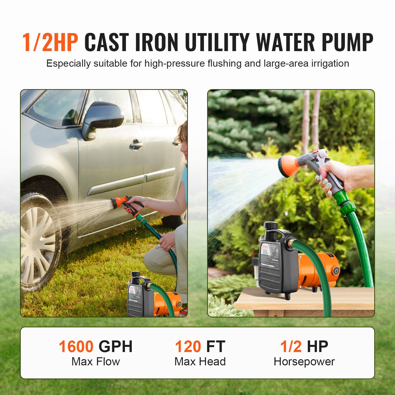 VEVOR Cast Iron Water Transfer Pump, 115V AC 1600 GPH 1/2HP, Portable Electric Utility Pump with Carbon Brush, Filter, Brass Connectors, for Garden, Rain Barrel, Pool, Pond, Hot Tub, Aquarium Draining