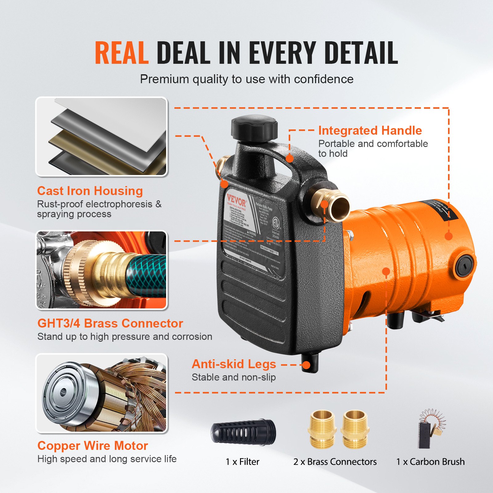VEVOR Cast Iron Water Transfer Pump, 115V AC 1600 GPH 1/2HP, Portable Electric Utility Pump with Carbon Brush, Filter, Brass Connectors, for Garden, Rain Barrel, Pool, Pond, Hot Tub, Aquarium Draining