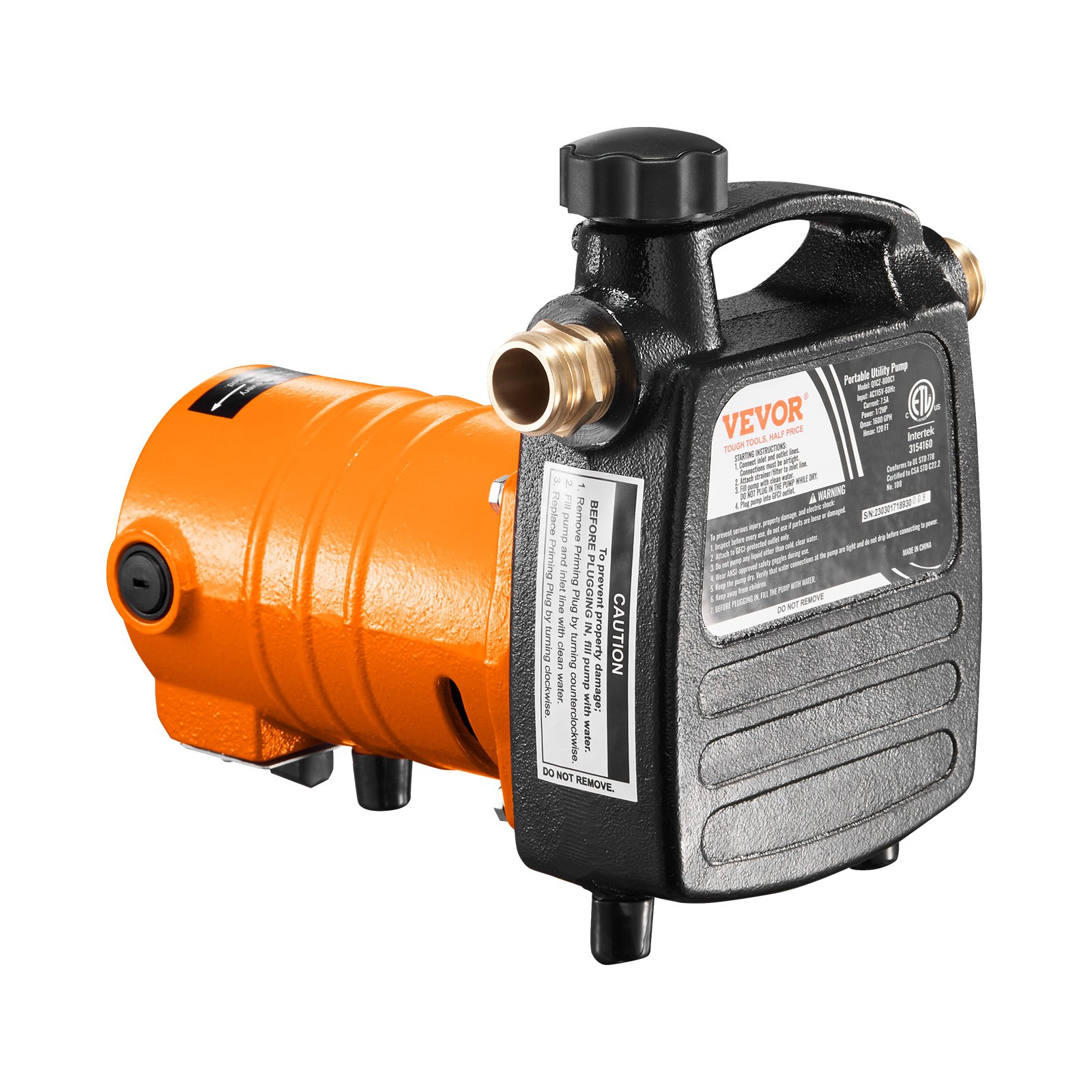 VEVOR Cast Iron Water Transfer Pump, 115V AC 1600 GPH 1/2HP, Portable Electric Utility Pump with Carbon Brush, Filter, Brass Connectors, for Garden, Rain Barrel, Pool, Pond, Hot Tub, Aquarium Draining