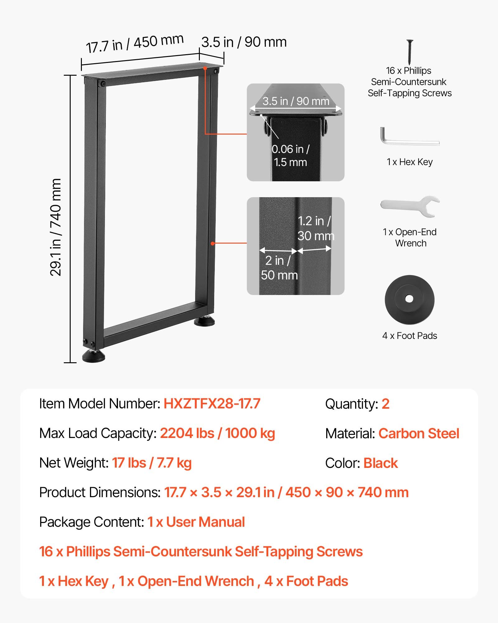 VEVOR Table Legs, 740 x 450 mm (H x W) Square Steel Furniture Legs, Modular Design, Easy Assembly, 2204 lbs Max Load Heavy Duty, for Home Office Desk, Workbenches, Dinner Bar Tables, Set of 2, Black