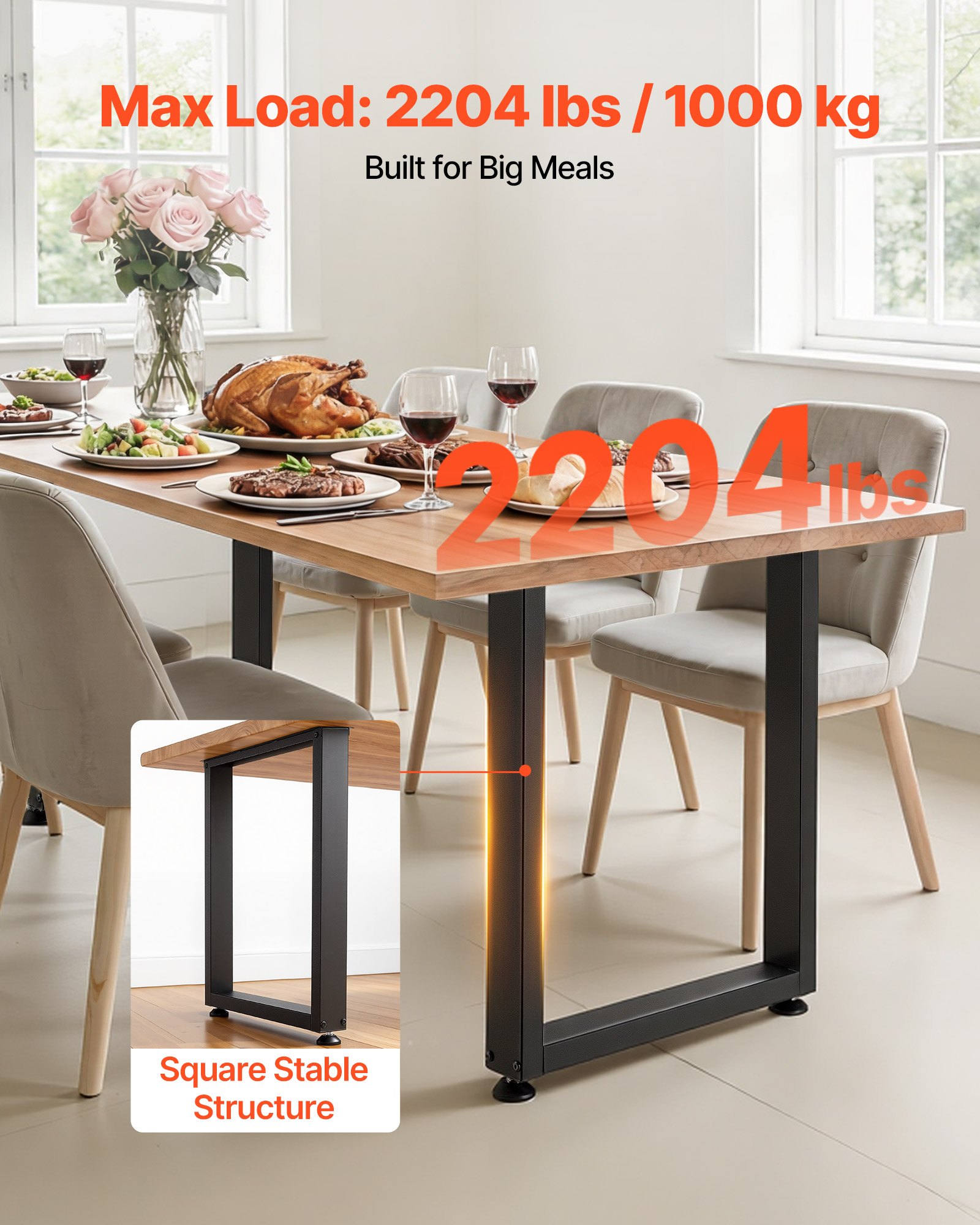 VEVOR Table Legs, 750 x 600 mm (H x W) Square Steel Furniture Legs, Modular Design, Easy Assembly, 1000 kg Max Load Heavy Duty, for Home Office Desk, Workbenches, Dinner Bar Tables, Set of 2, Black