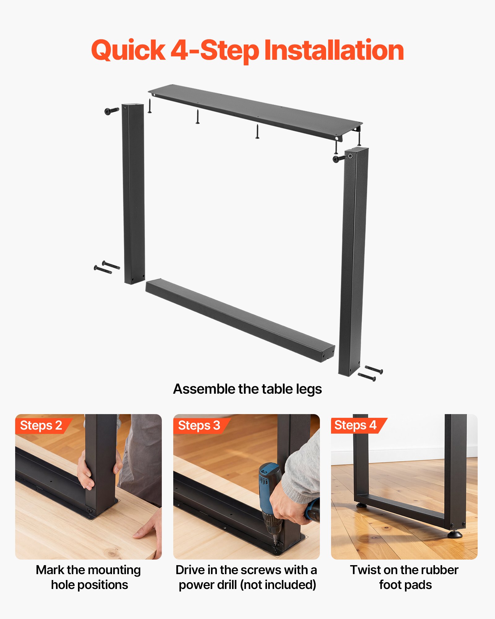 VEVOR Table Legs, 750 x 900 mm (H x W) Square Steel Furniture Legs, Modular Design, Easy Assembly, 1000 kg Max Load Heavy Duty, for Home Office Desk, Workbenches, Dinner Bar Tables, Set of 2, Black