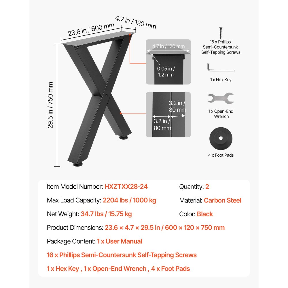 VEVOR Table Legs, 750 x 600 mm (H x W) Steel Furniture Legs, Modular Design, Easy Assembly, 1000 kg Max Load Heavy Duty, for Home Office Desk, Coffee Dinner Bar Tables, Workbench,2 PCS, X Frame, Black