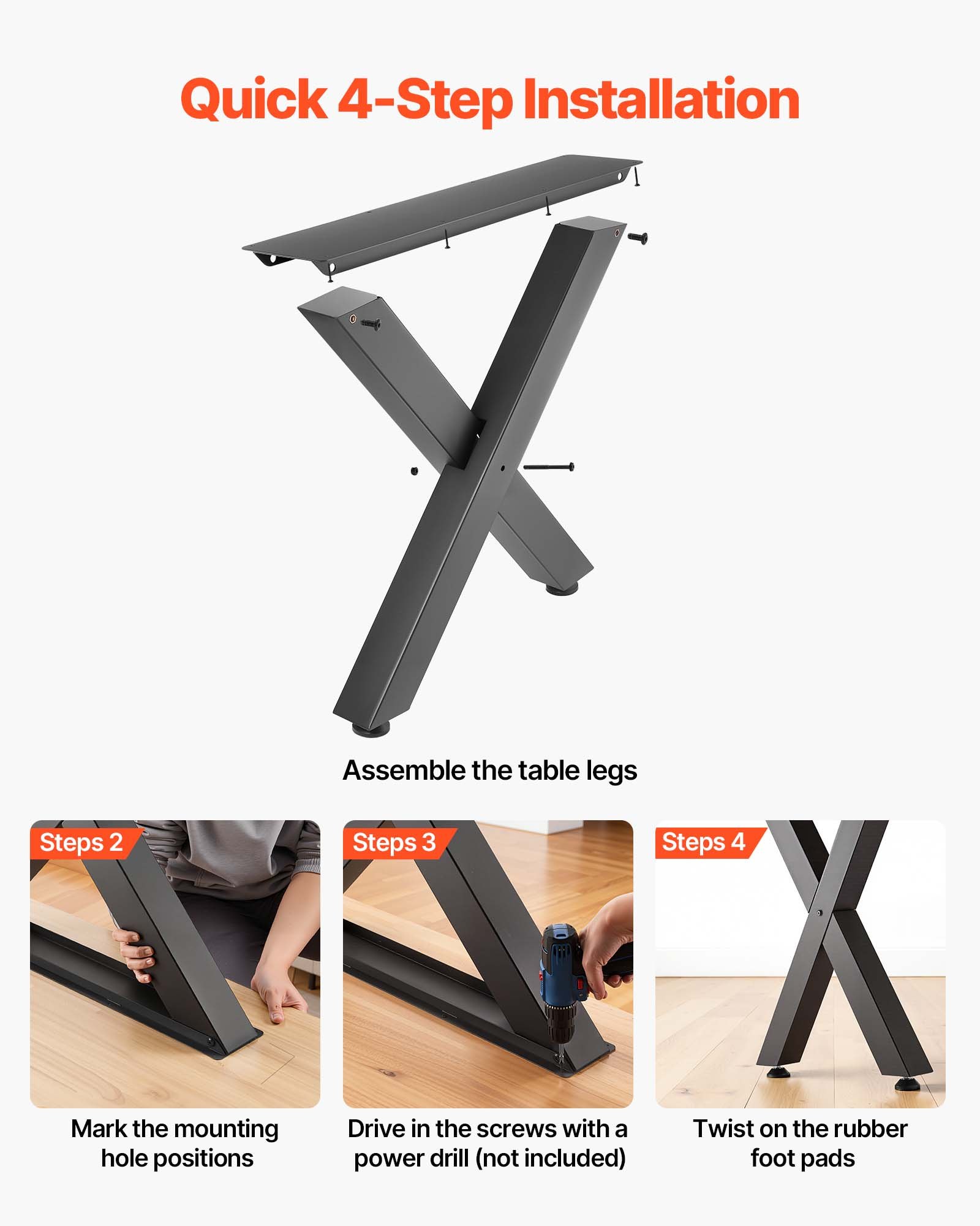 VEVOR Table Legs, 750 x 600 mm (H x W) Steel Furniture Legs, Modular Design, Easy Assembly, 1000 kg Max Load Heavy Duty, for Home Office Desk, Coffee Dinner Bar Tables, Workbench,2 PCS, X Frame, Black