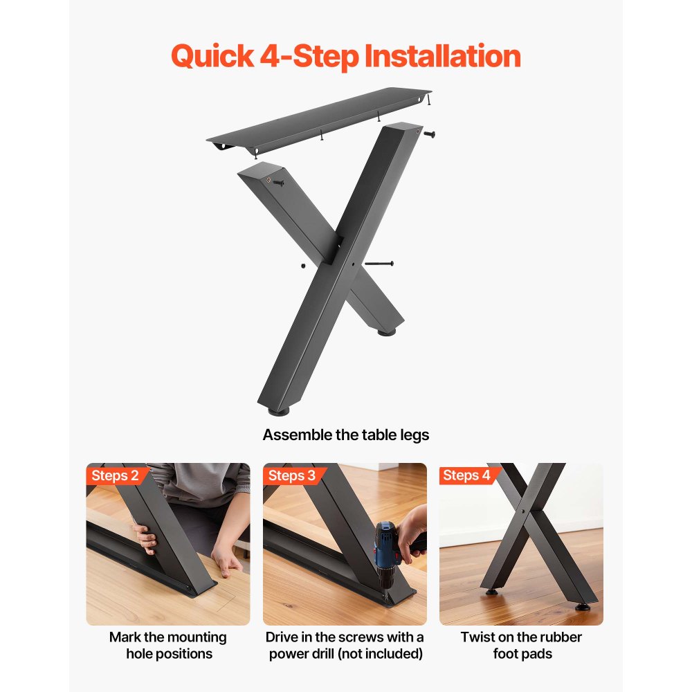 VEVOR Table Legs, 750 x 790 mm (H x W) Steel Furniture Legs, Modular Design, Easy Assembly, 1000 kg Max Load Heavy Duty, for Home Office Desk, Coffee Dinner Bar Tables, Workbench,2 PCS, X Frame, Black