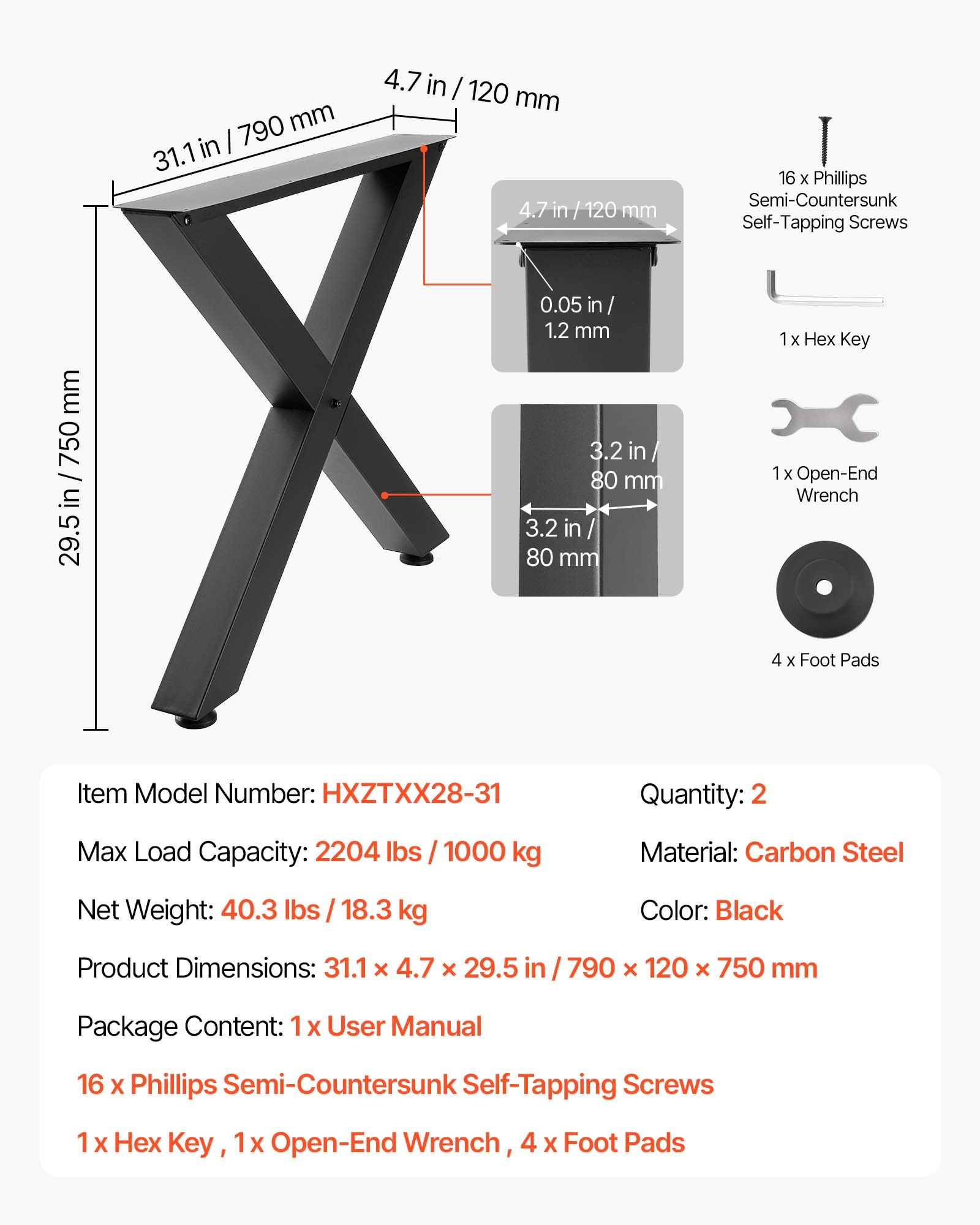 VEVOR Table Legs, 750 x 790 mm (H x W) Steel Furniture Legs, Modular Design, Easy Assembly, 1000 kg Max Load Heavy Duty, for Home Office Desk, Coffee Dinner Bar Tables, Workbench,2 PCS, X Frame, Black