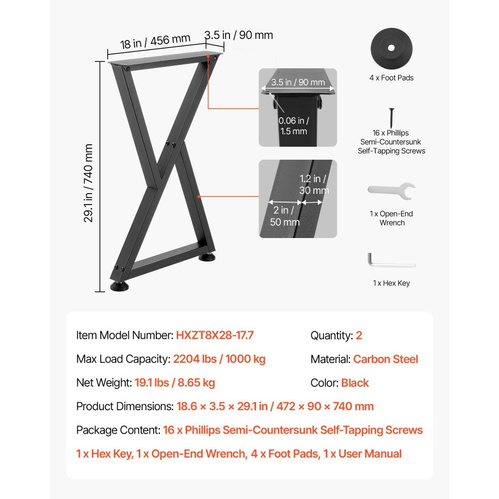 VEVOR Table Legs, 740 x 472 mm (H x W) Steel Furniture Legs, Modular Design, Easy Assembly, 1000 kg Max Load Heavy Duty, Z Shape for Home Office Desk DIY, Coffee Dinner Tables, Workbench,2 PCS, Black