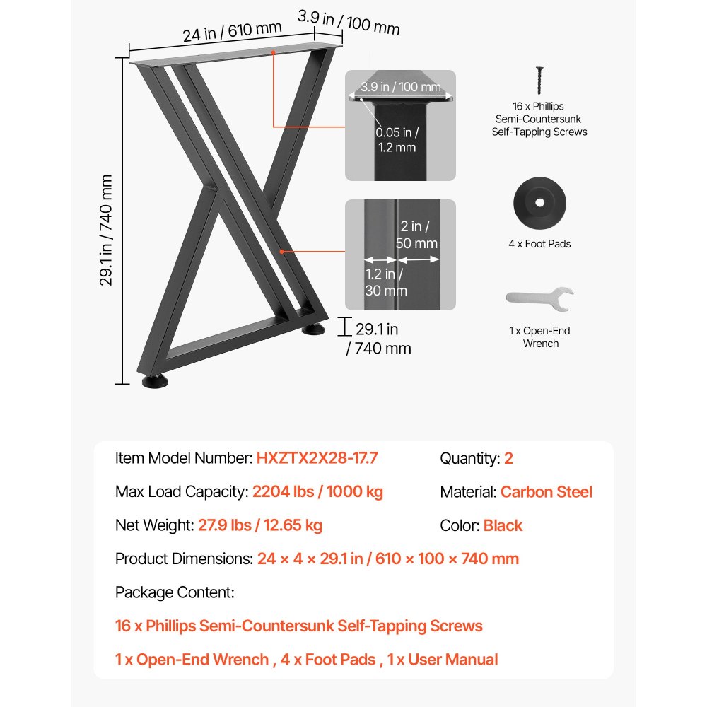 VEVOR Table Legs, 740 x 610 mm (H x W) Steel Furniture Legs, 1000 kg Max Load Heavy Duty, Easy Installation, Stable for Home Office Desk DIY, Coffee Dinner Bar Tables, Workbenches,Set of 2, Black