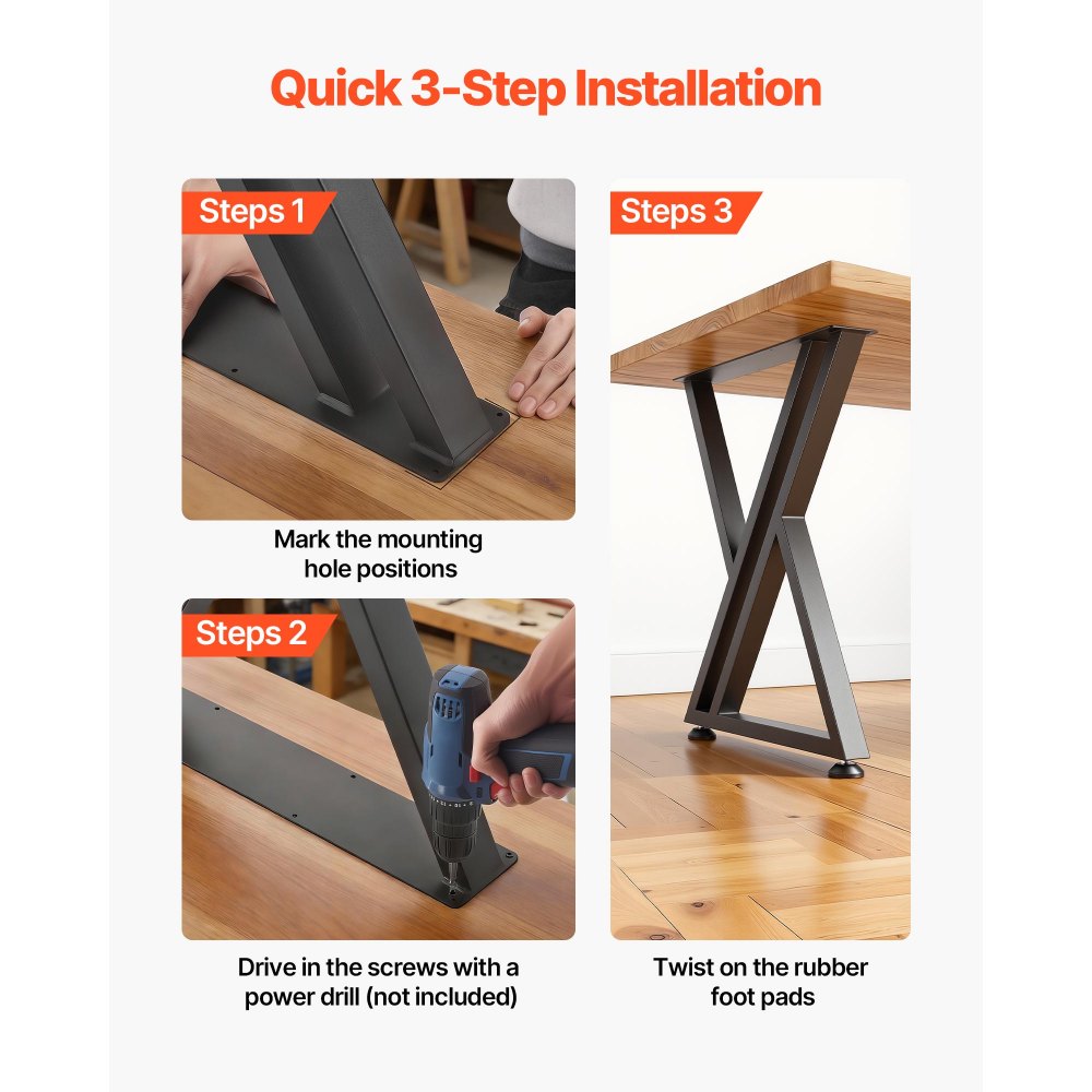 VEVOR Table Legs, 740 x 610 mm (H x W) Steel Furniture Legs, 1000 kg Max Load Heavy Duty, Easy Installation, Stable for Home Office Desk DIY, Coffee Dinner Bar Tables, Workbenches,Set of 2, Black