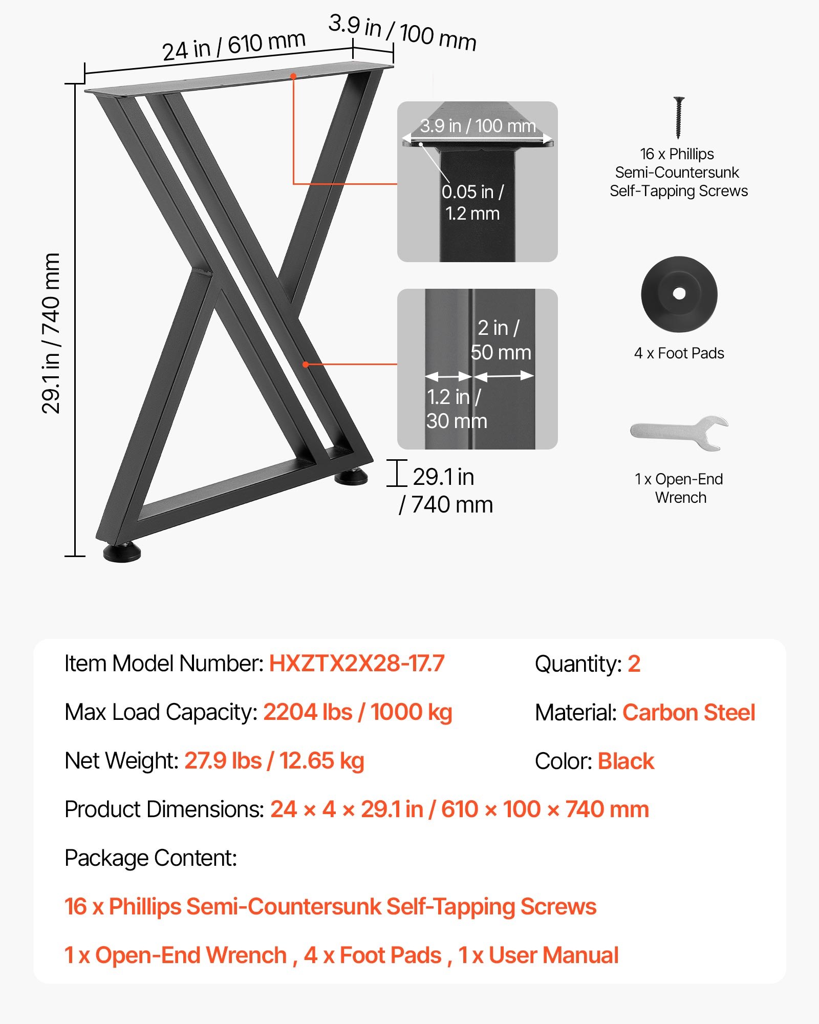 VEVOR Table Legs, 740 x 610 mm (H x W) Steel Furniture Legs, 1000 kg Max Load Heavy Duty, Easy Installation, Stable for Home Office Desk DIY, Coffee Dinner Bar Tables, Workbenches,Set of 2, Black