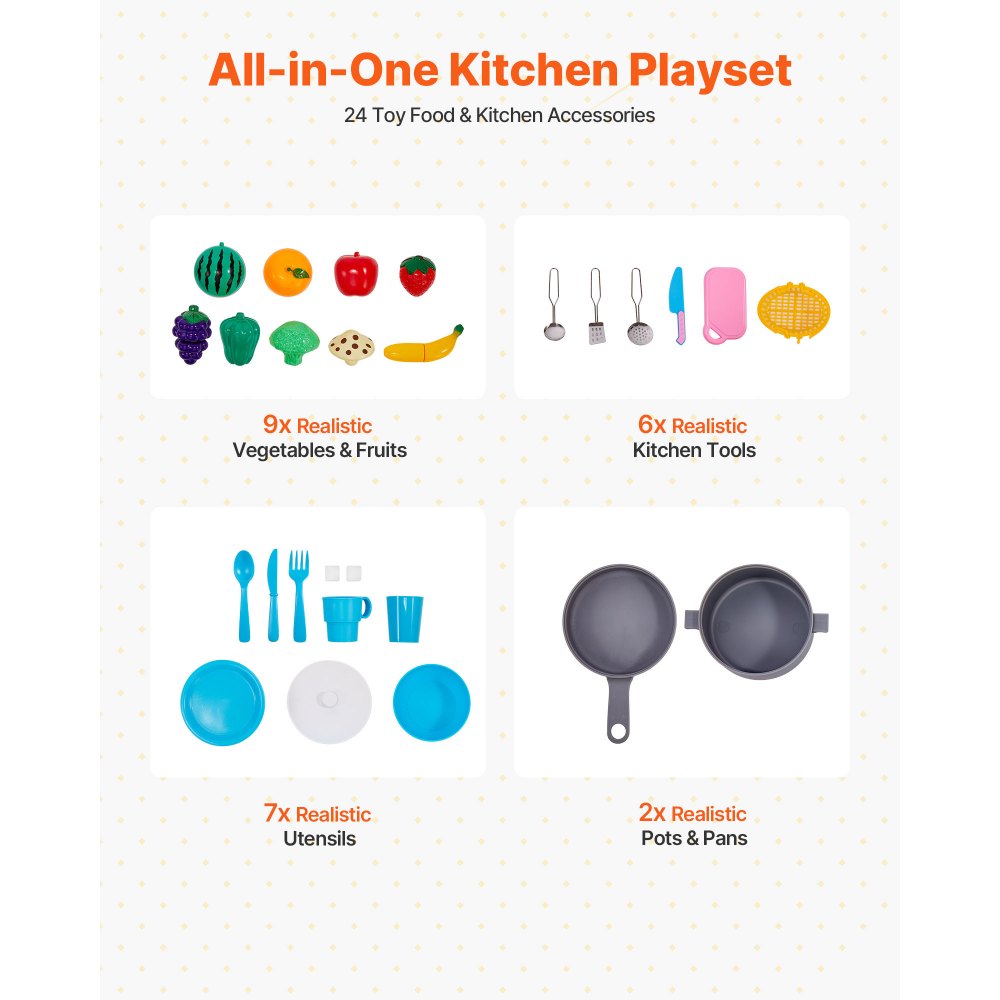 VEVOR Play Kitchen for Kids, Wooden Toy Kitchen Set with Lights and Sounds, Toddler Kitchen with Ice Maker, Oven, Sink, Microwaves, Fridge and Utensil and Fruit Accessory for Toddlers, White