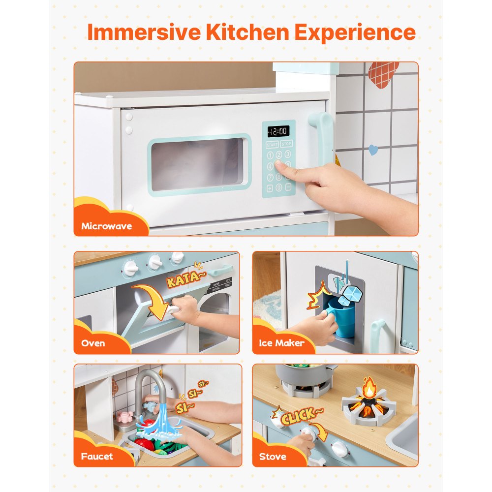 VEVOR Play Kitchen for Kids, Wooden Toy Kitchen Set with Lights and Sounds, Toddler Kitchen with Ice Maker, Oven, Sink, Microwaves, Fridge and Utensil and Fruit Accessory for Toddlers, White