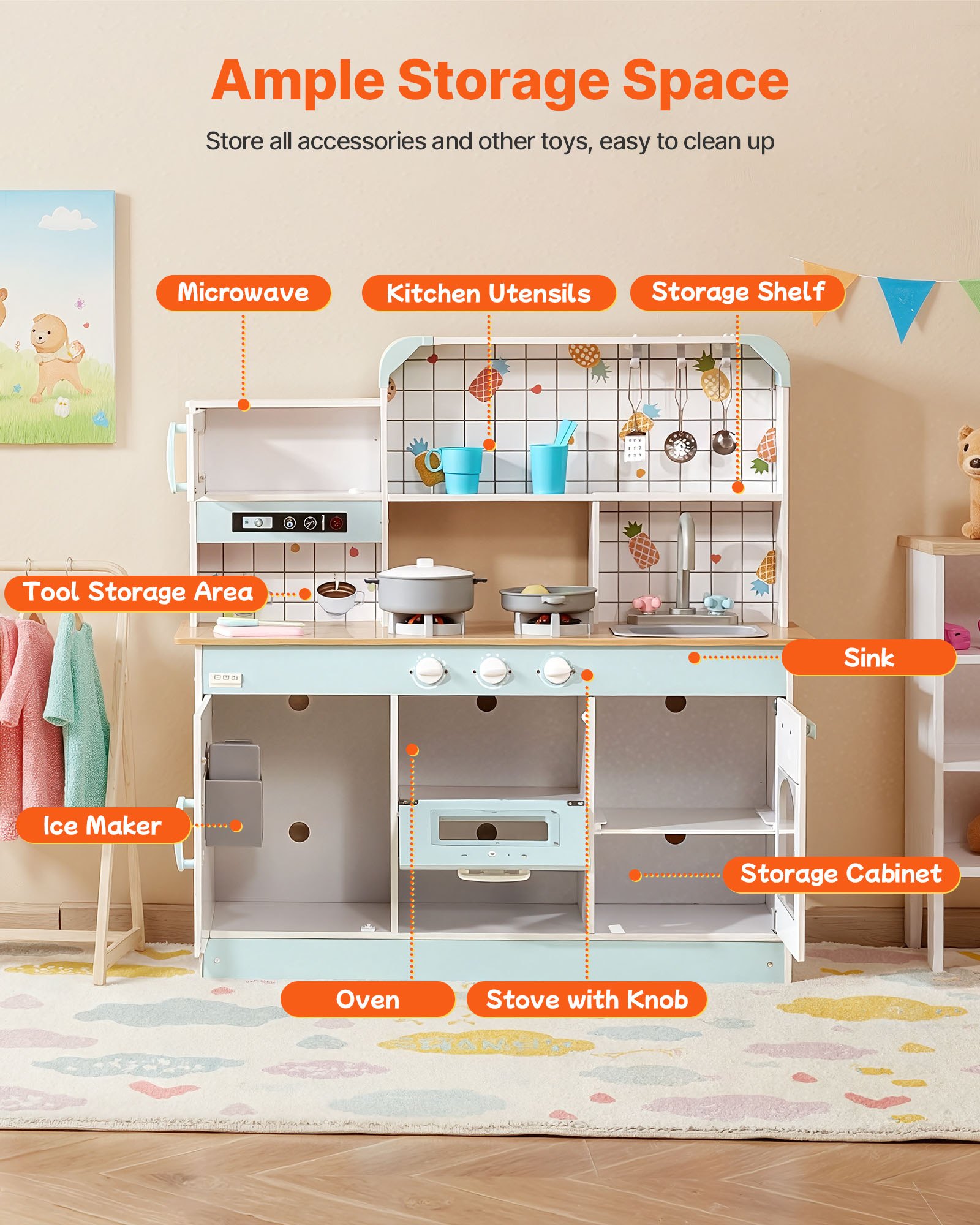 VEVOR Play Kitchen for Kids, Wooden Toy Kitchen Set with Lights and Sounds, Toddler Kitchen with Ice Maker, Oven, Sink, Microwaves, Fridge and Utensil and Fruit Accessory for Toddlers ages, White