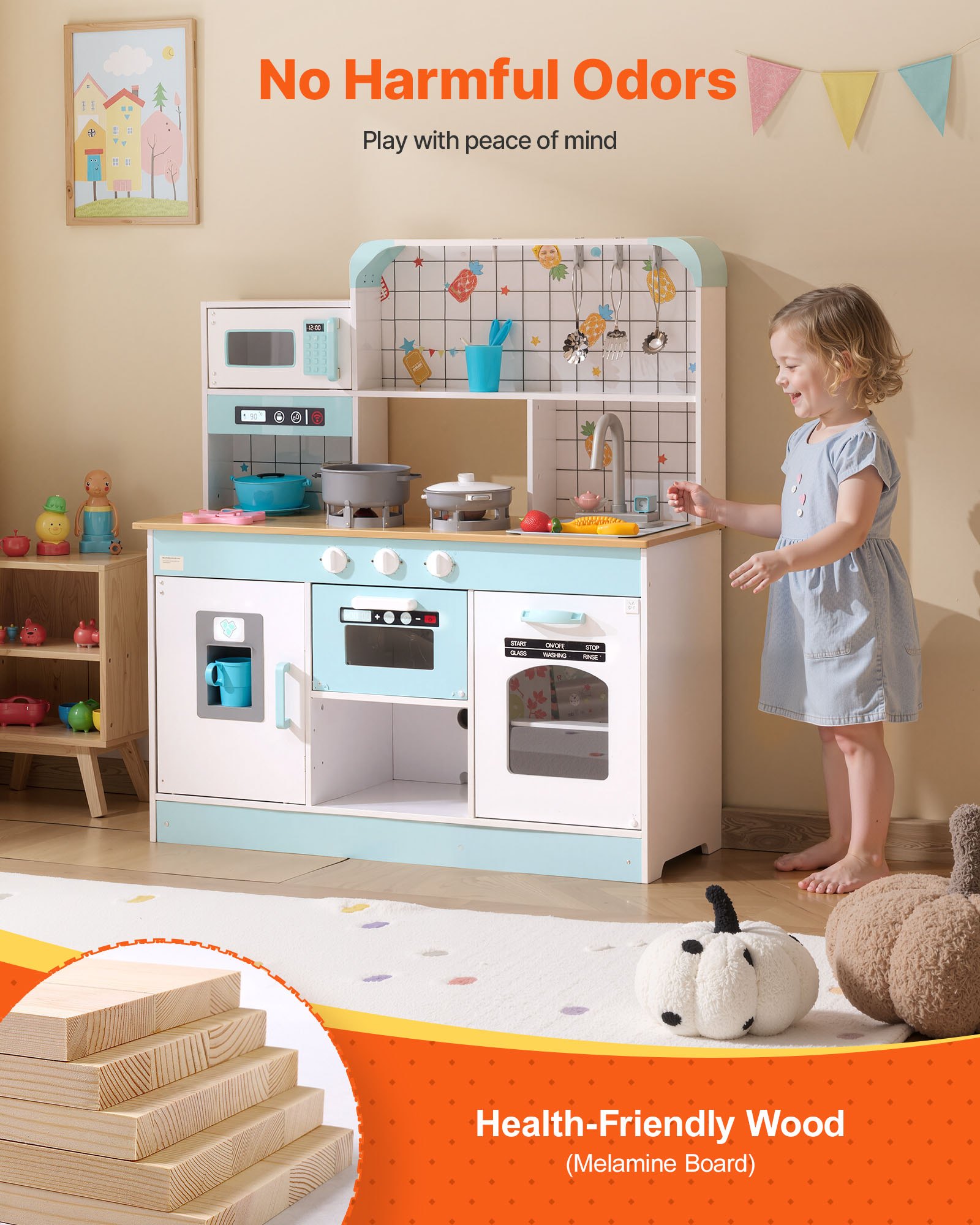 VEVOR Play Kitchen for Kids, Wooden Toy Kitchen Set with Lights and Sounds, Toddler Kitchen with Ice Maker, Oven, Sink, Microwaves, Fridge and Utensil and Fruit Accessory for Toddlers ages, White