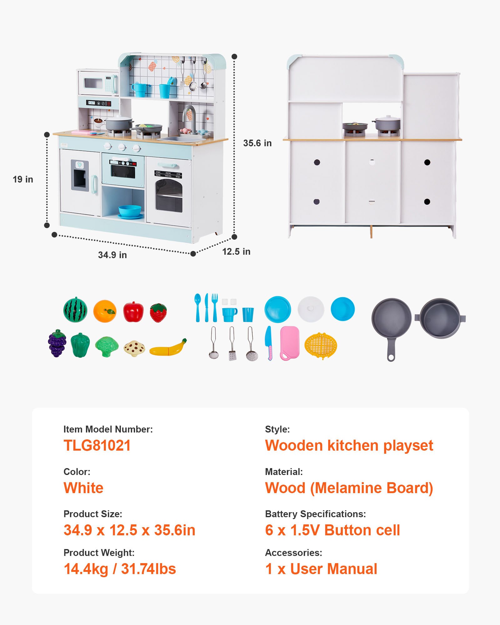 VEVOR Play Kitchen for Kids, Wooden Toy Kitchen Set with Lights and Sounds, Toddler Kitchen with Ice Maker, Oven, Sink, Microwaves, Fridge and Utensil and Fruit Accessory for Toddlers ages, White